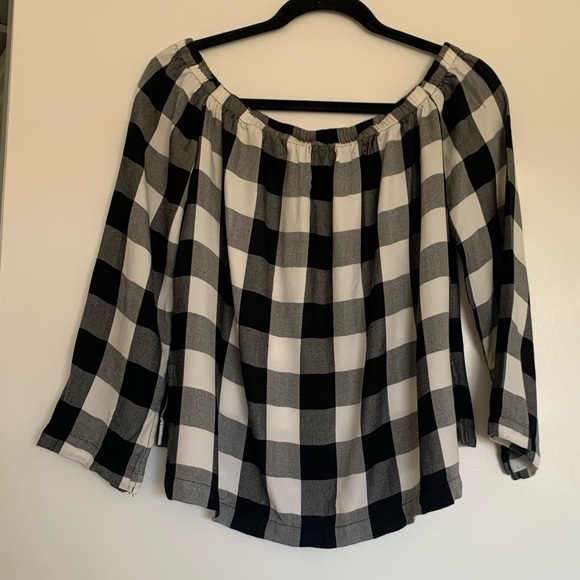 Cloth & Stone Black/White Plaid Off Shoulder Top - Picture 2 of 6
